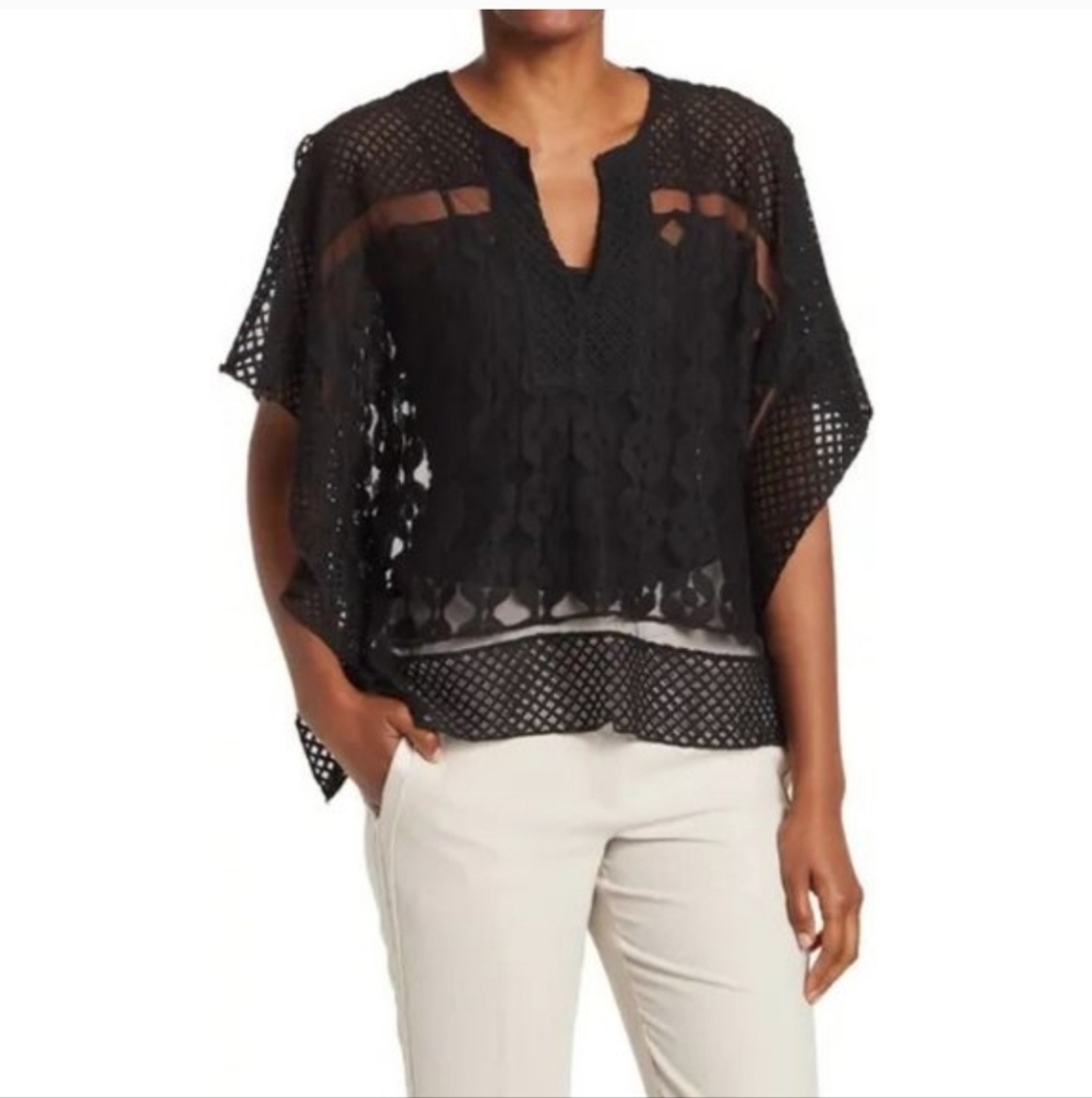 Anthropologie Black Lace Poncho Blouse OS Boho Sheer Crochet Eyelet Cape Top